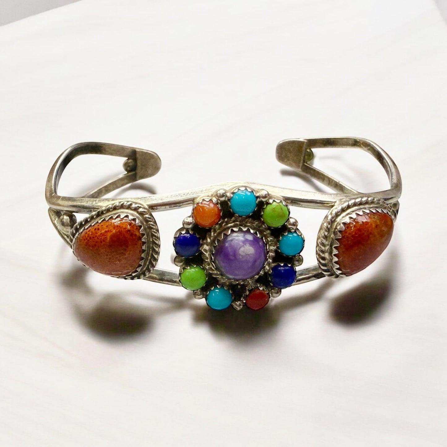 Native Running Bear RB Native Sterling Silver Cuff; Coral, Lapis, Gaspeite, Charoite, 6.5"