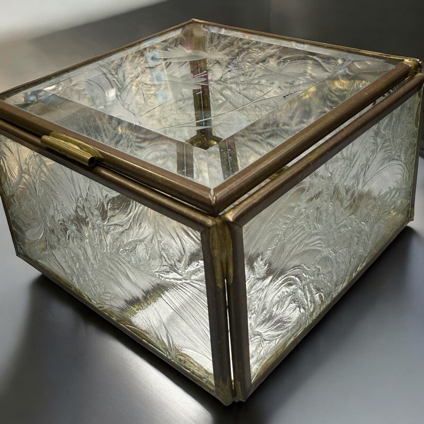 Vintage Glass Jewelry Leaded Glass, Etched Casket, Bronze, mirrored Bottom, 3.5"x3.5"x2.5"