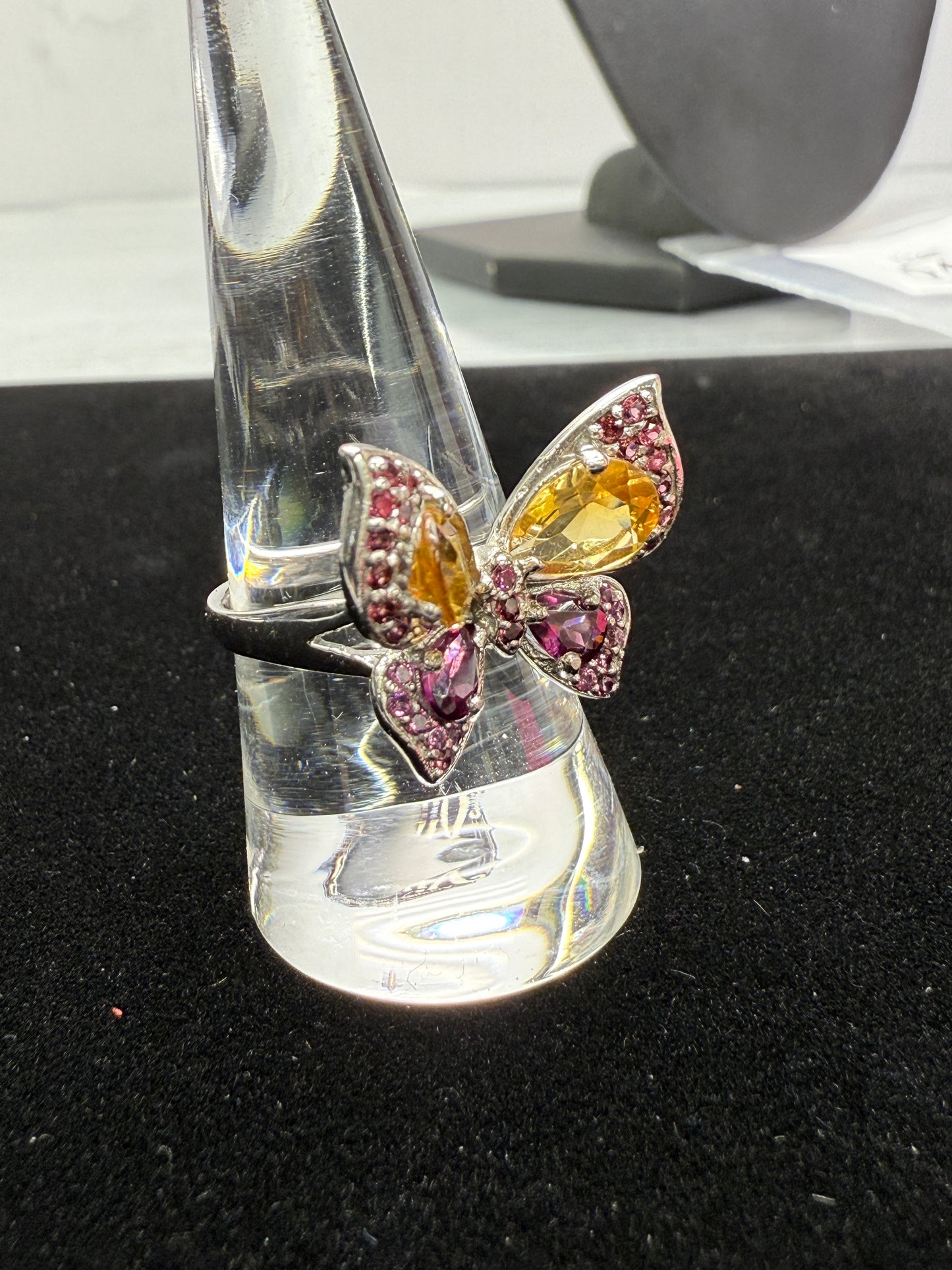 Sterling Butterfly, Natural Citrine and Garnet, size 8.25