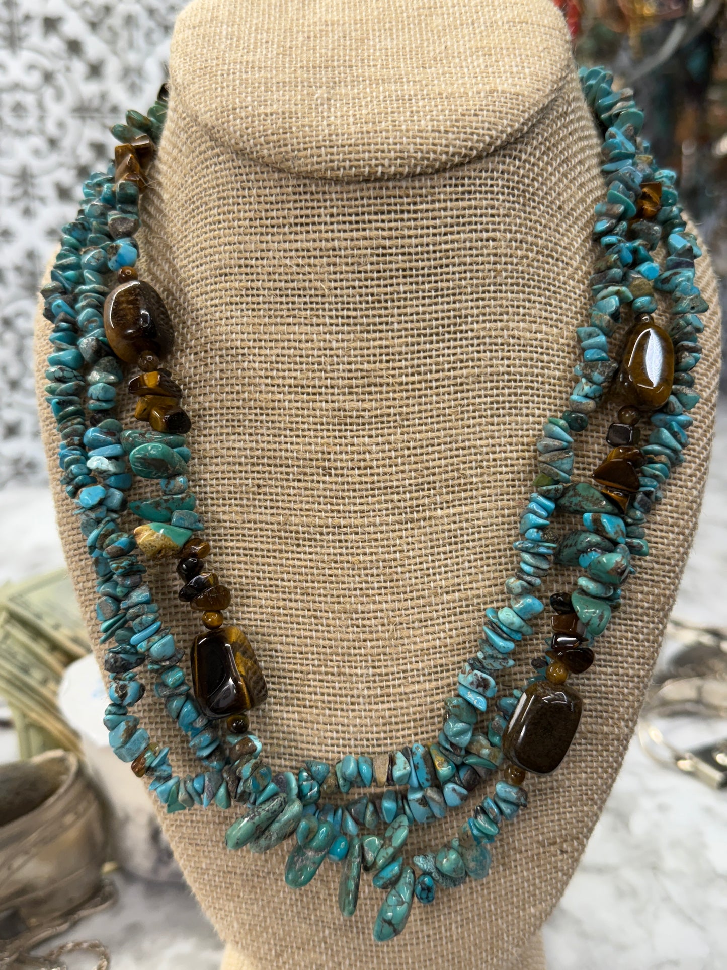 Natural Turquoise & Tigers Eye 3-Strand Sterling 18" Necklace, 96g