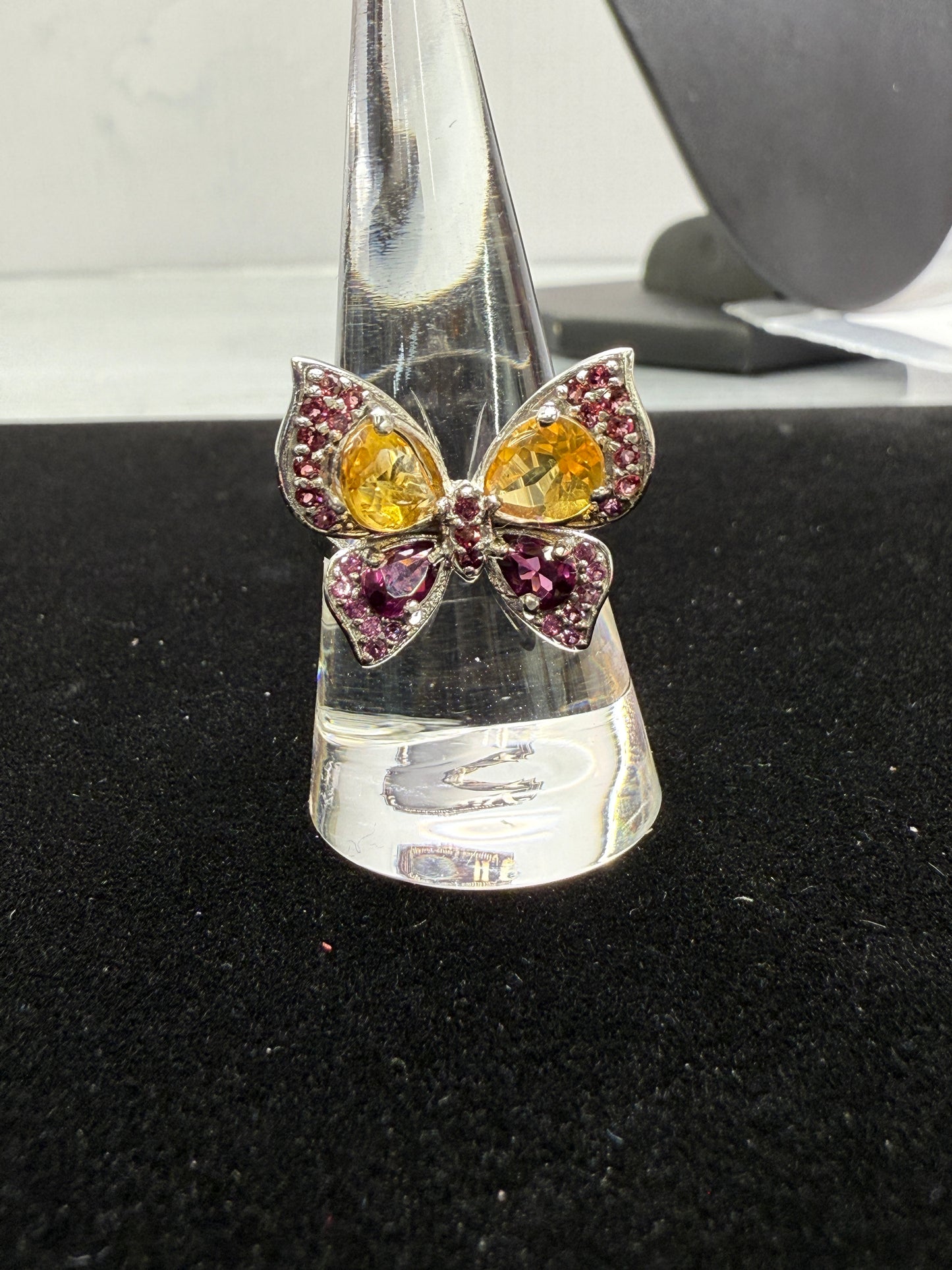 Sterling Butterfly, Natural Citrine and Garnet, size 8.25