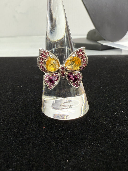 Sterling Butterfly, Natural Citrine and Garnet, size 8.25
