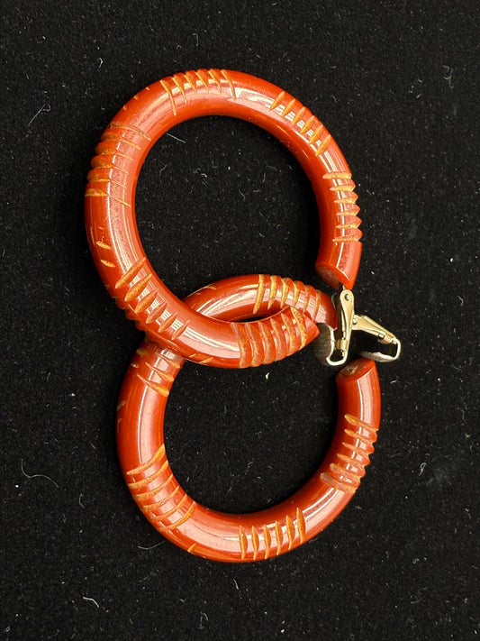 Vintage Maroon Carved Bakelite Clip-On 2" Hoops #78
