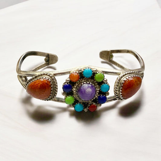 Native Running Bear RB Native Sterling Silver Cuff; Coral, Lapis, Gaspeite, Charoite, 6.5"