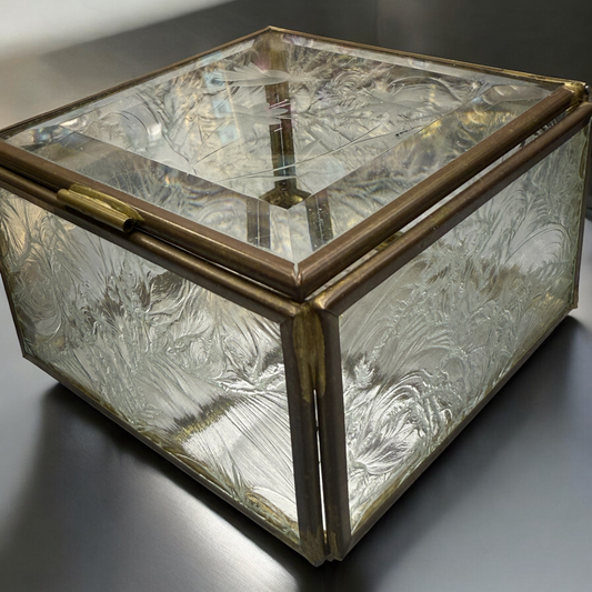 Vintage Glass Jewelry Leaded Glass, Etched Casket, Bronze, mirrored Bottom, 3.5"x3.5"x2.5"