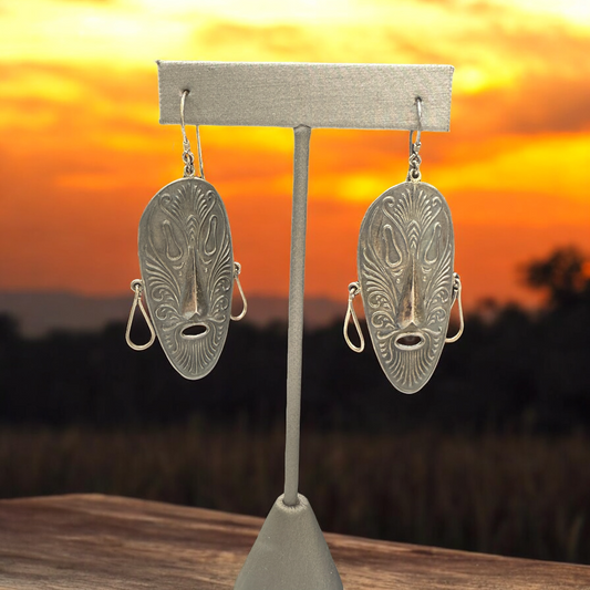 Vintage Sterling Mask Earrings, 2.5",