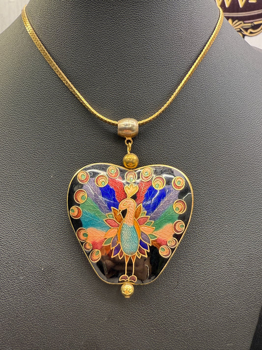 Cloisonne Double-Sided Peacock Pendant and chain