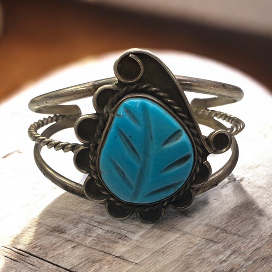 Turquoise Leaf Carved Sterling Cuff, signed "sterling" 6"